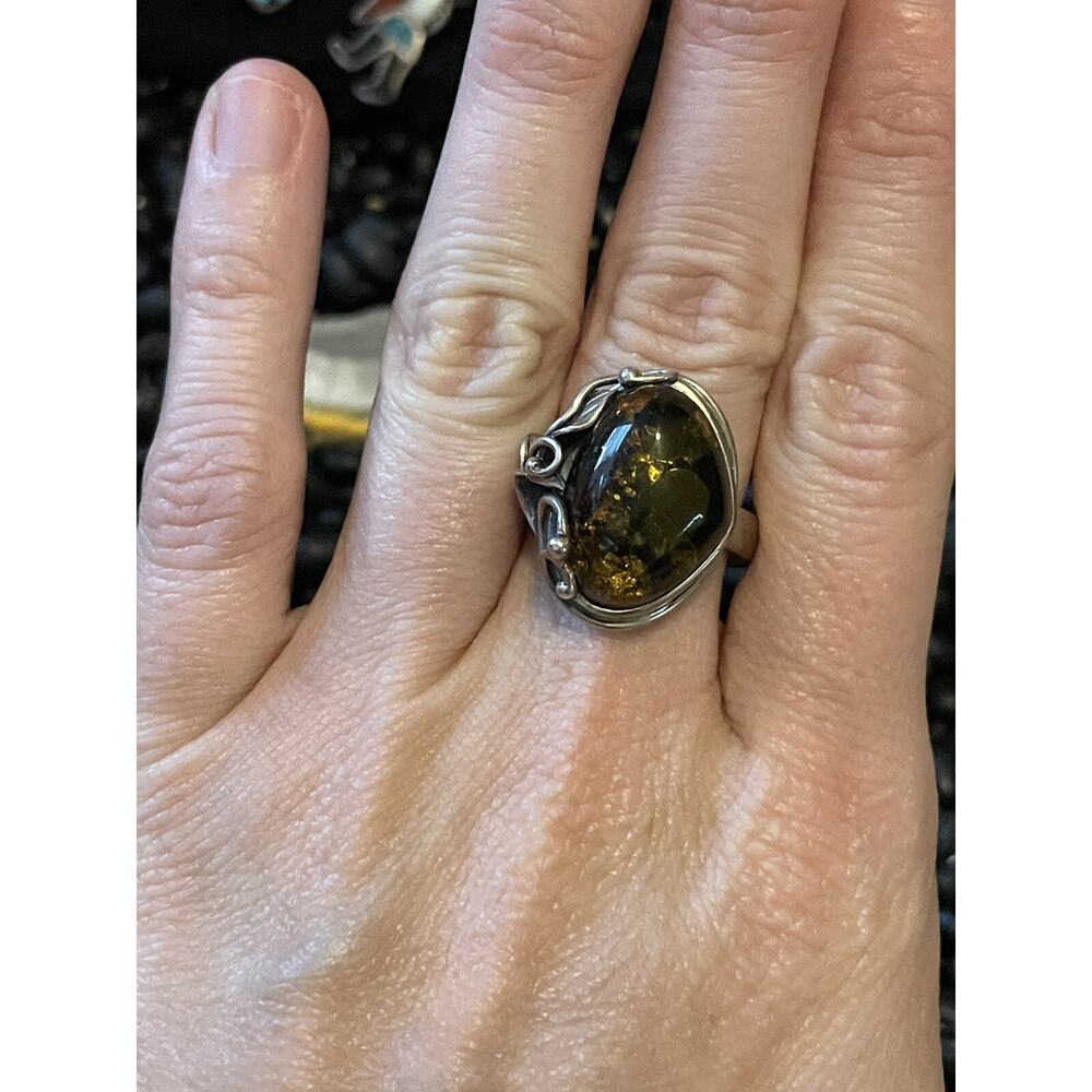 Sterling Silver Baltic Sea Honey Amber Ring~Scroll Accented Size 11 - Picture 9 of 9